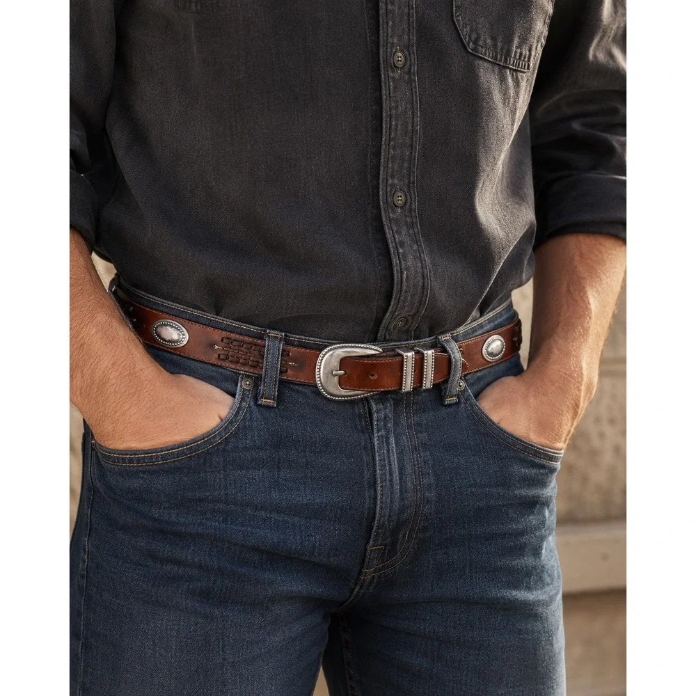 Vintage Brown Leather Western Concho Belt Silver Buckle Boho Cowboy Unisex 40